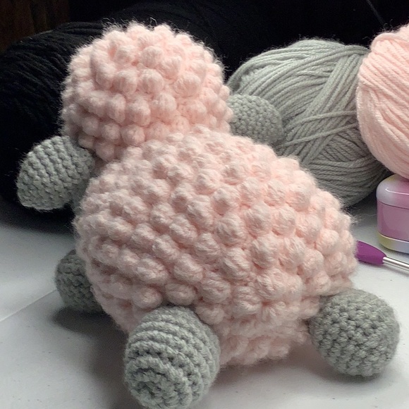 Handmade sleeping sheep Amigurumi in pink and gray crochet bobble stitch sheep - Picture 3 of 4